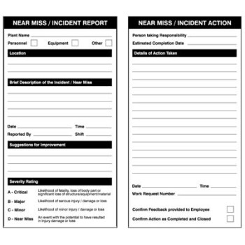 Near Miss Double Sided Report / Action Safety Tags